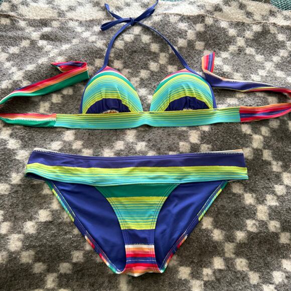 Aerie Size 8 Medium Blakley Rainbow Striped Push Up Bikini Swimming Suit - Picture 1 of 6